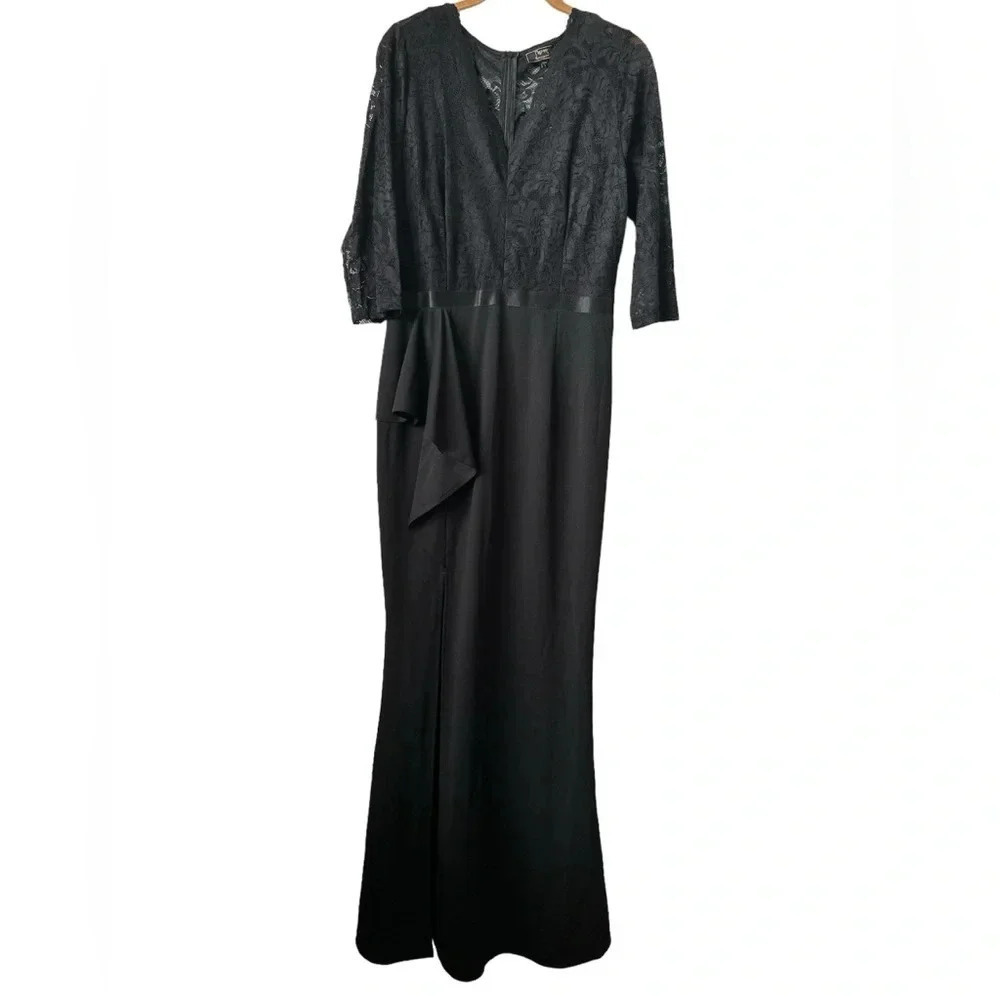 MISSMY Black V Neckline Maxi Fishtail Large 3/4th Sleeves Wedding Prom Gown - Picture 2 of 10